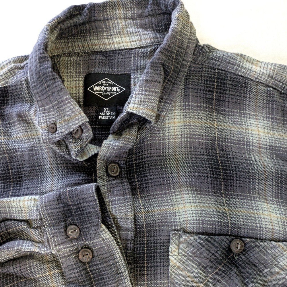Work n Sport Mens XL Grey Blue Plaid Flannel Button Down Shirt Long Sleeve